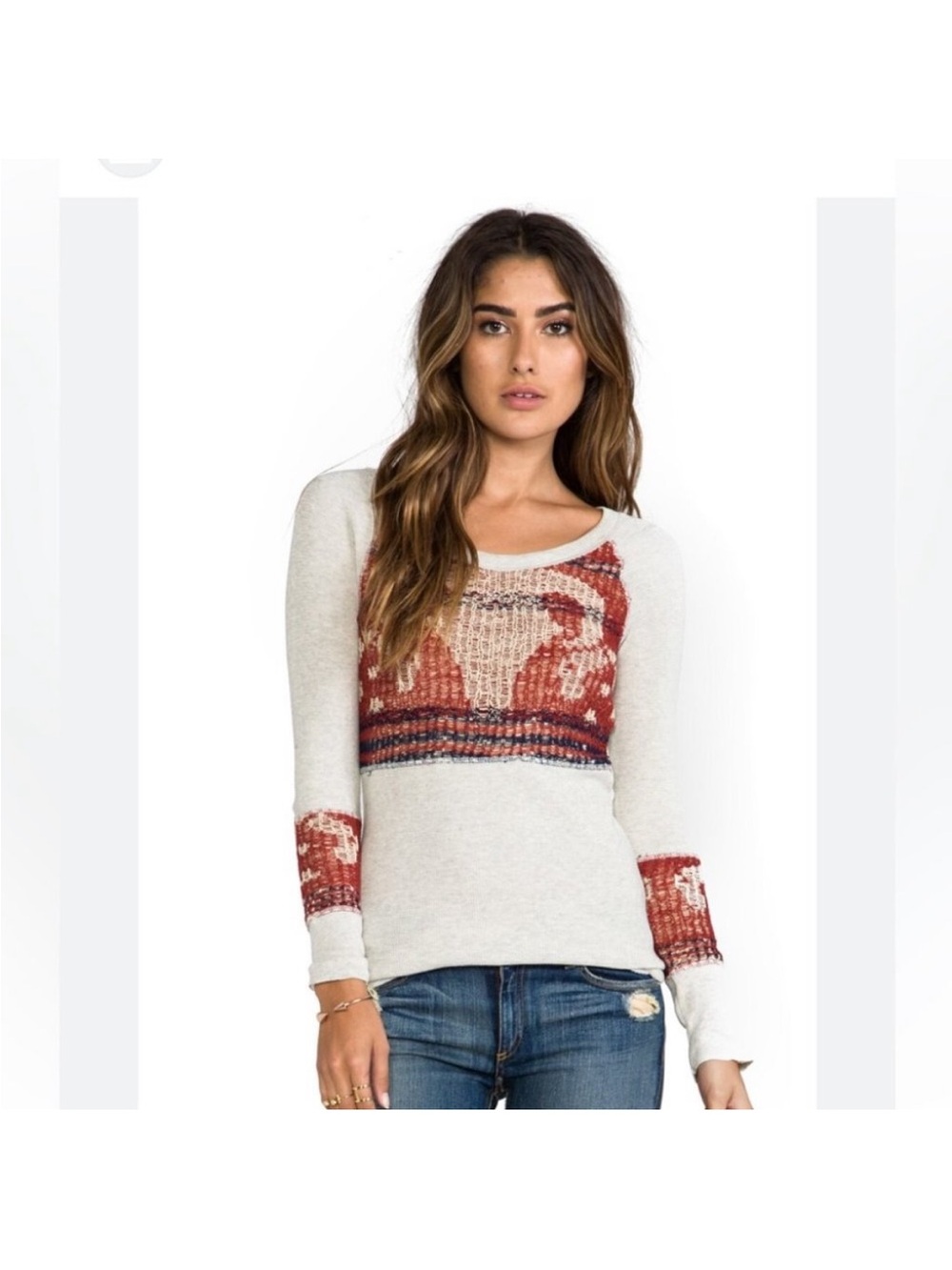 Free People We The Free Cream Ribbed Knit Top with Brass Logo Tag